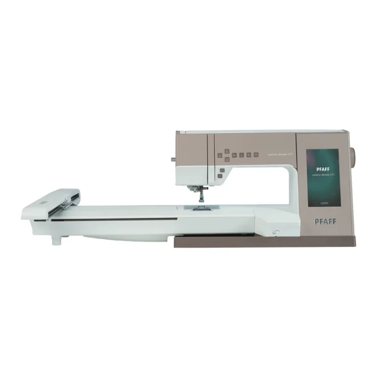 Modern computerized sewing and embroidery machine with digital display, extended workspace, and distinctive PFAFF Creative Elevate 680 branding on the front.