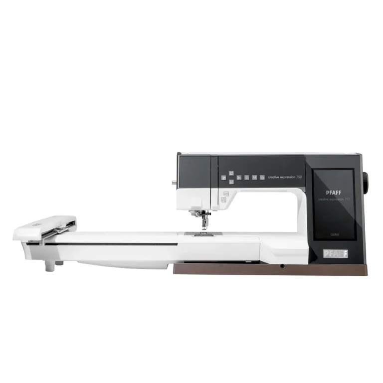 A modern Pfaff Creative Expression 710 sewing machine with a large work area, control buttons, and digital display—similar in design to the Creative Expression 750—is photographed on a plain white background.
