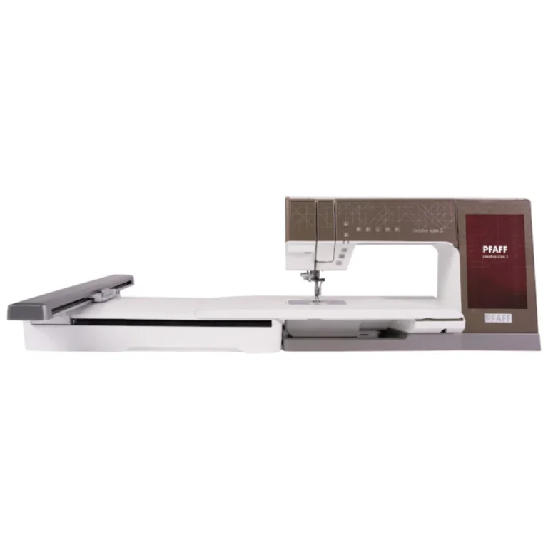 A modern Creative Icon 3 Pfaff sewing and embroidery machine with an extended flatbed and digital display, shown from the front-left side.