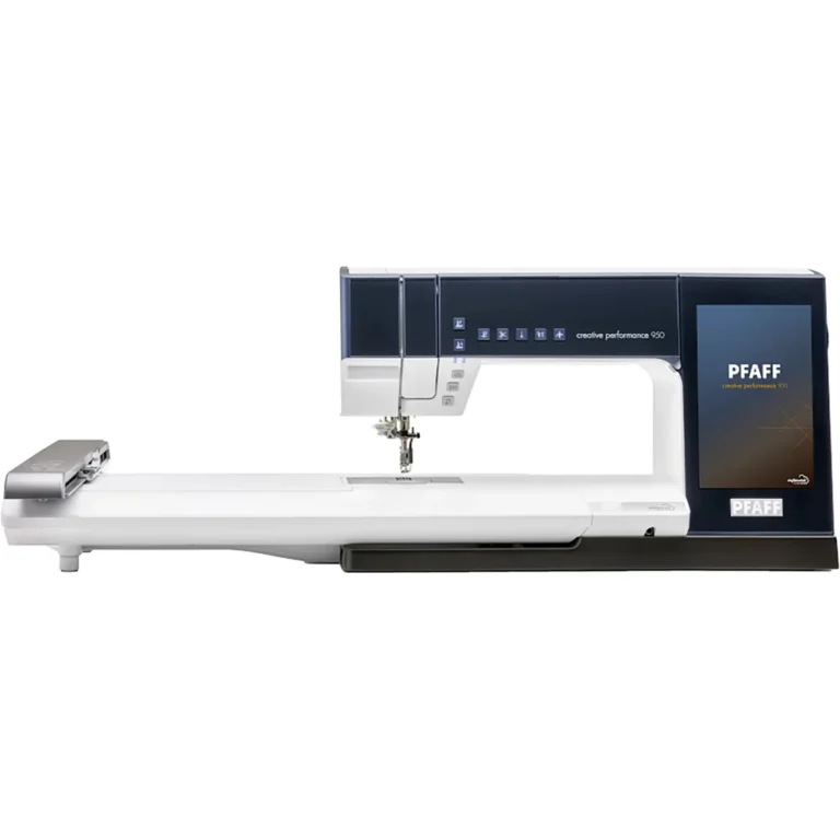 A computerized Pfaff Creative Performance 950 sewing and embroidery machine with an extended workspace, digital display, and multiple control buttons.
